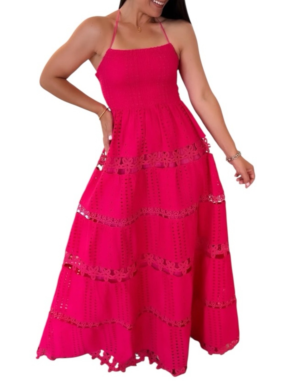 EB Luxe Hot Pink Eyelet Maxi Dress L Boho Halter Smocked Open Back Cotton Lined